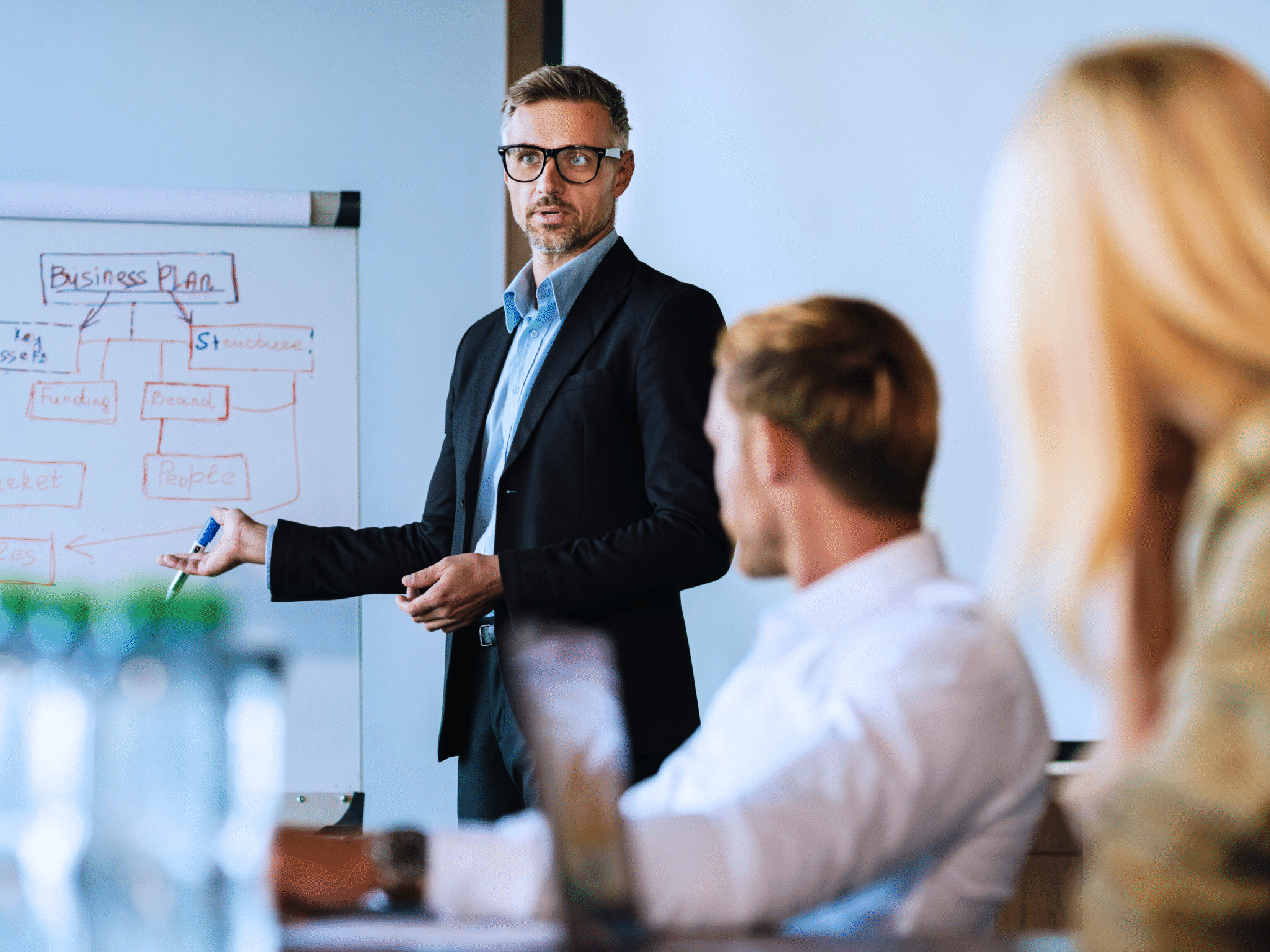 Zertifizierungslehrgang_Weiterbildung für Führungskräfte_benefitIMPACT_Trainer und Coach illustriert Businessplan am Flipchart