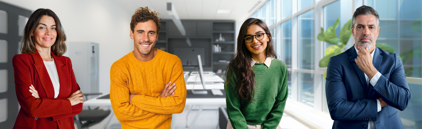 Persönlichkeiten verstehen – Vier Menschen, jeweils in den Farben Rot; Gelb, Grün und Blau gekleidet - DISC-Modell